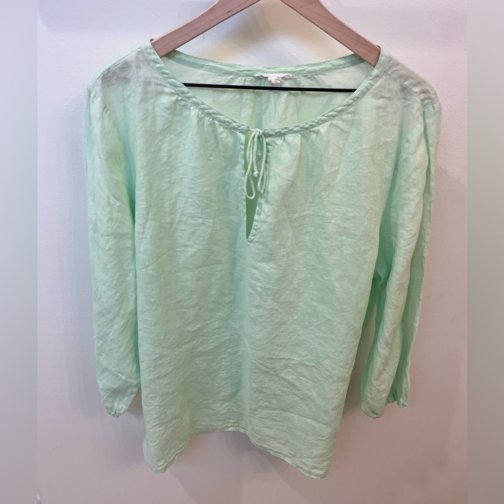 Eileen Fisher 100% Irish Linen Light Green Tie Front Pleasant top Blouse XL - Picture 2 of 5